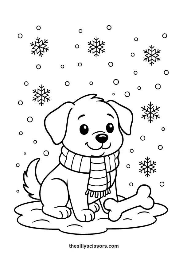 Puppy wearing a warm scarf in winter.