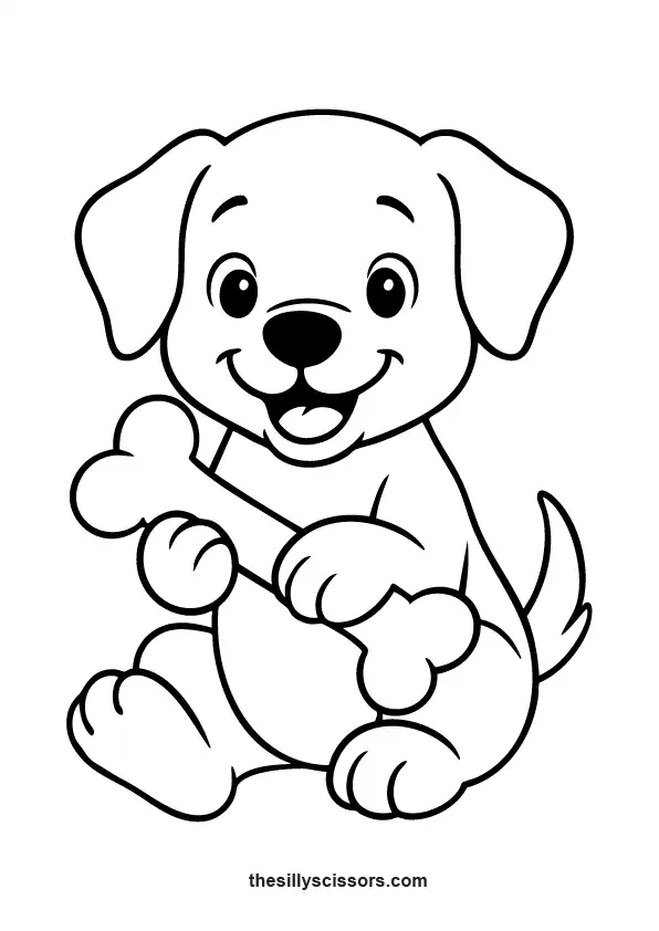 Puppy happily holding a bone.