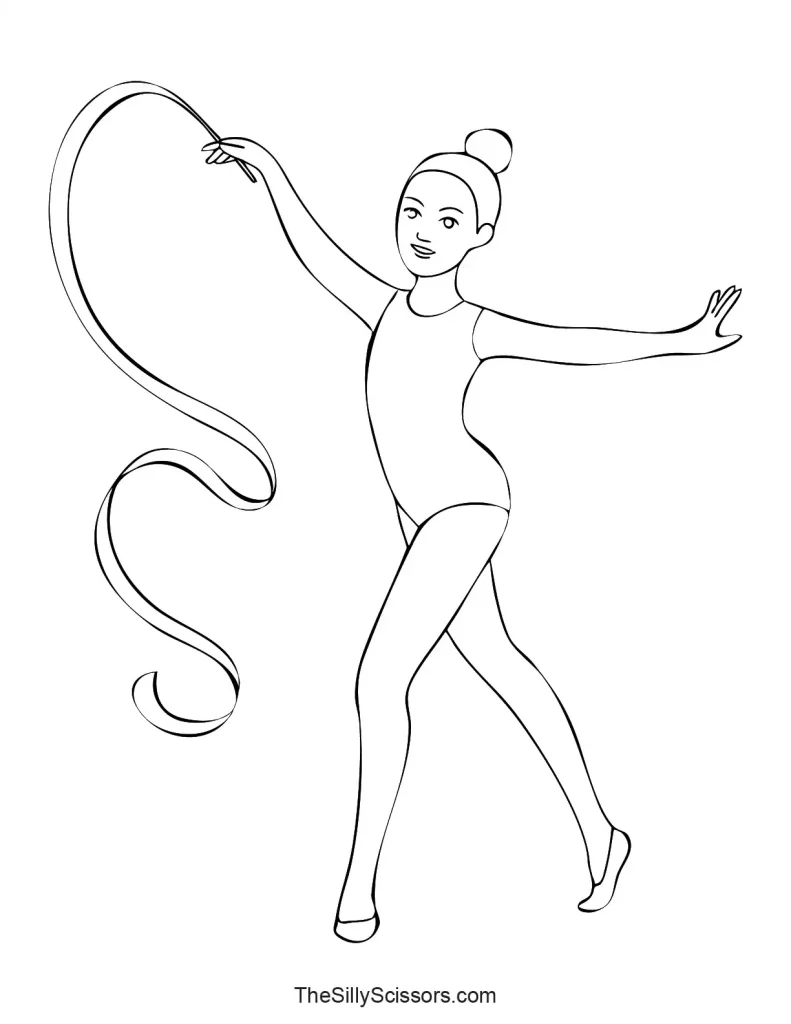 Rhythmic gymnast performing with a ribbon – printable gymnastics coloring page.”