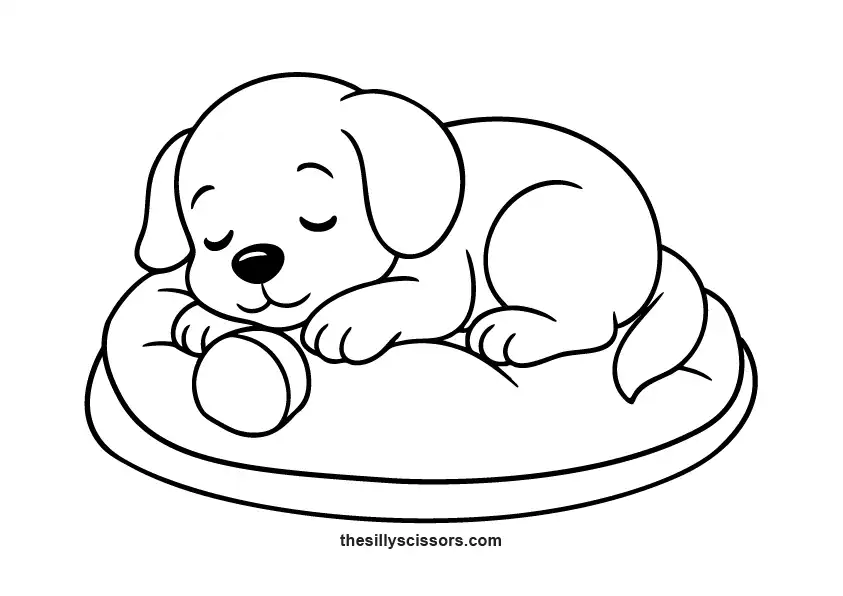 Cute puppy sleeping peacefully on a pillow.