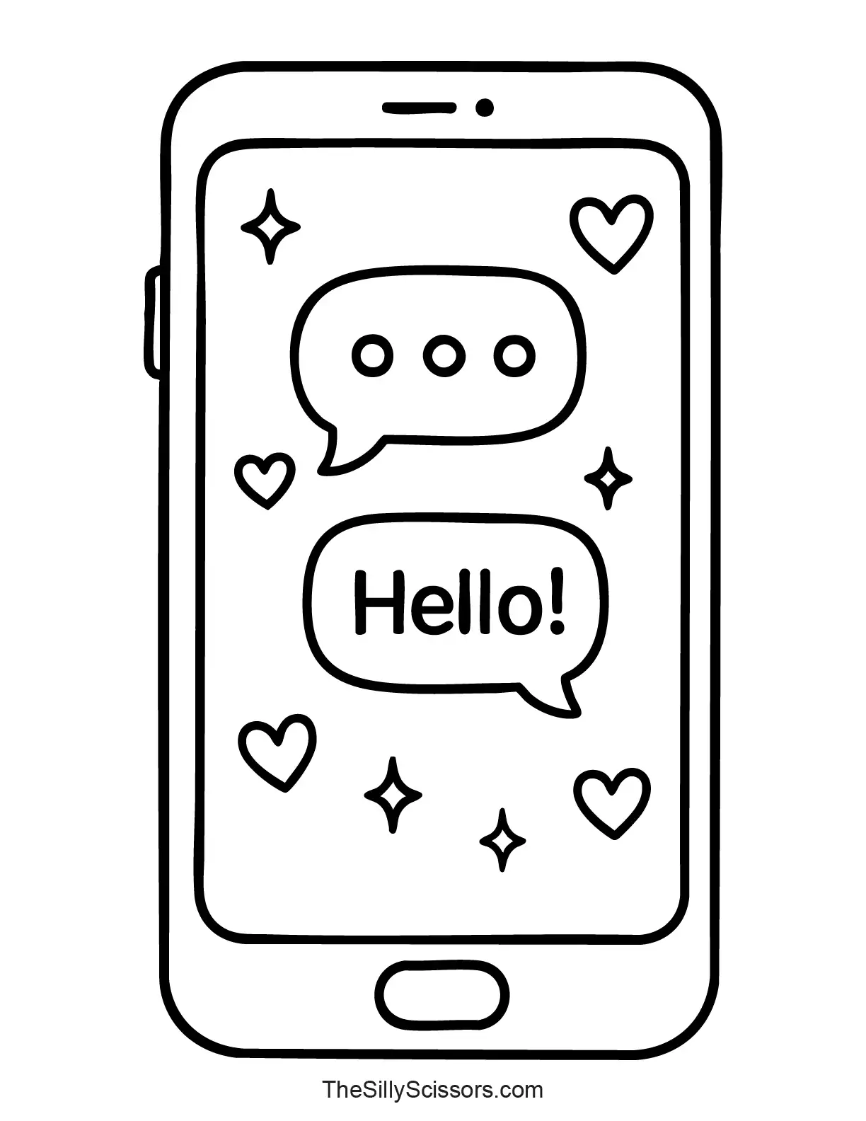 Smartphone coloring page with text message Hello