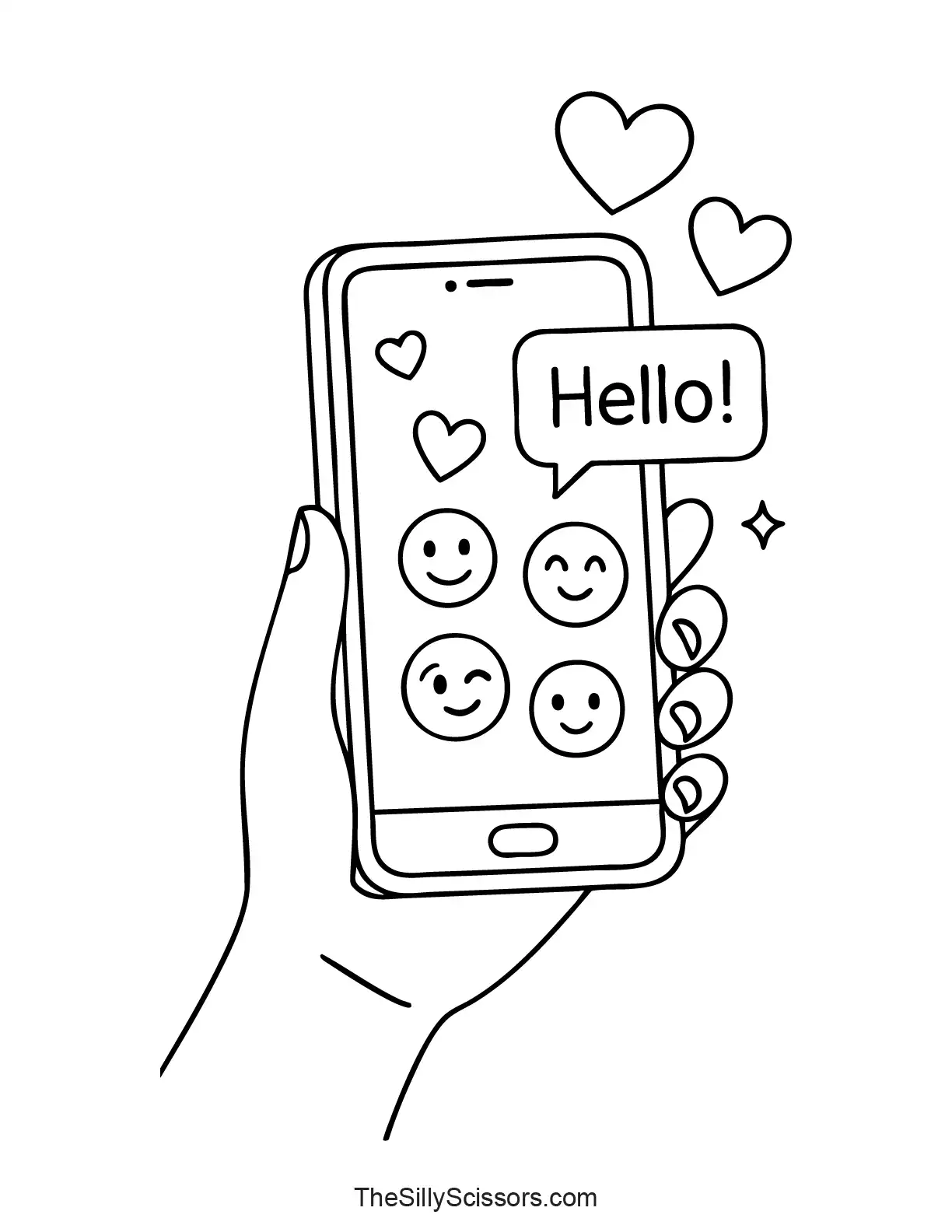 Smartphone with hearts message coloring page