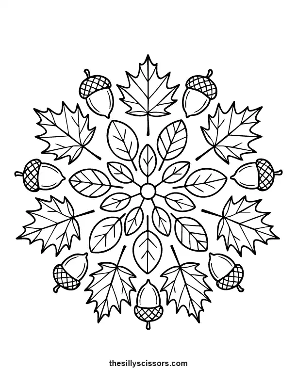 Autumn leaf mandala with acorns arranged in circle – calming Thanksgiving coloring page.