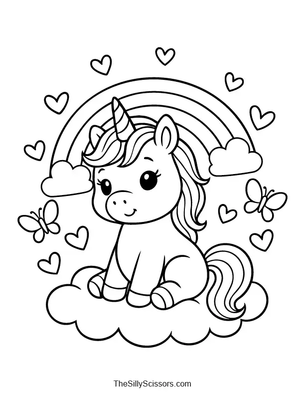 Baby unicorn with hearts and butterflies coloring page preview