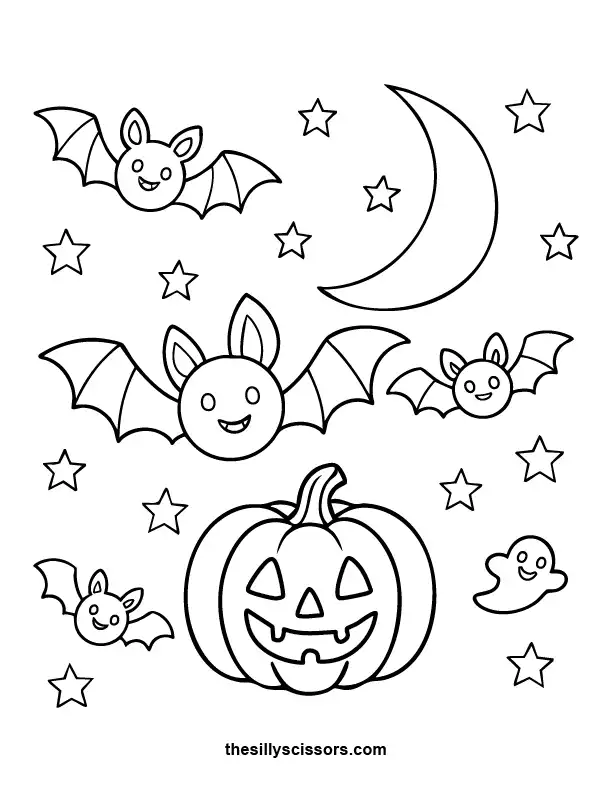 Batty Night Sky – Halloween Coloring Page (Printable PDF) A bat flying under a moonlit sky with stars—simple Halloween coloring page for all ages.