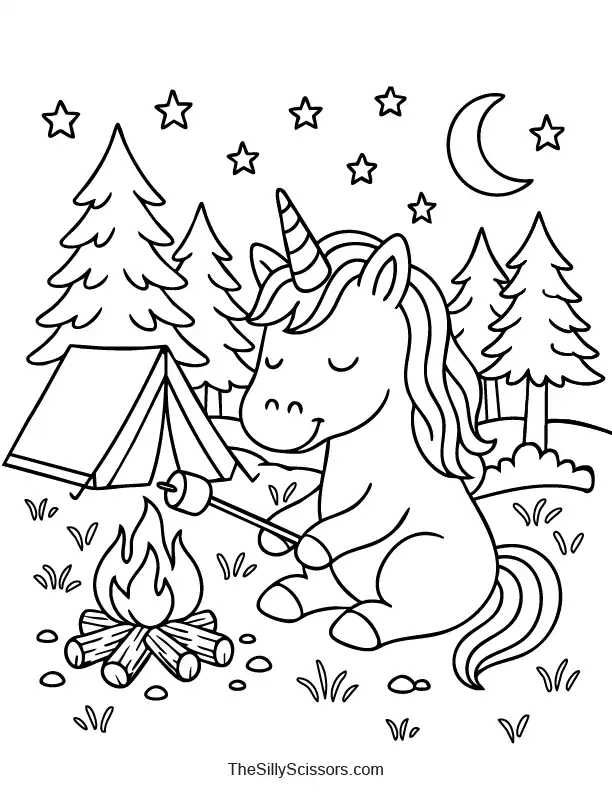 Camping unicorn roasting marshmallows coloring page preview