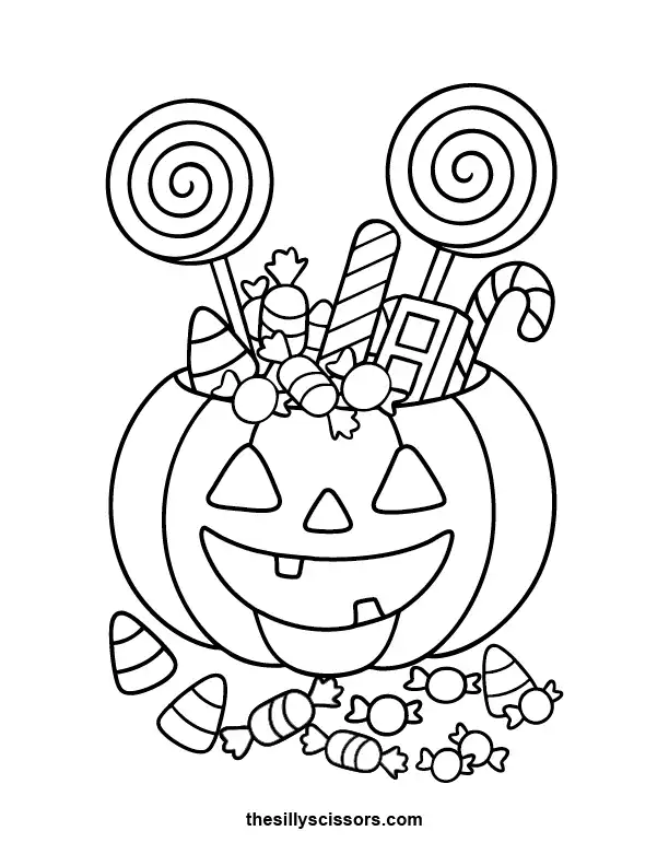 Candy Bucket Overflow – Halloween Coloring Page (Printable PDF) Pumpkin candy bucket overflowing with sweets—playful Halloween coloring sheet for kids.