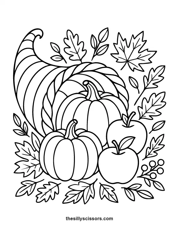 Cornucopia with pumpkins, apples, and leaves – traditional Thanksgiving harvest coloring page.