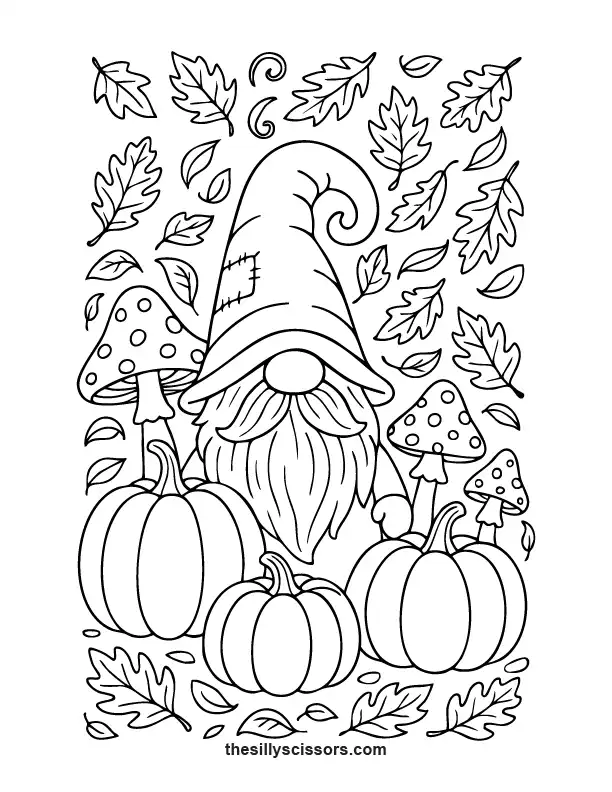 Cozy autumn gnome with pumpkins, mushrooms, and leaves – Thanksgiving coloring page for all ages.