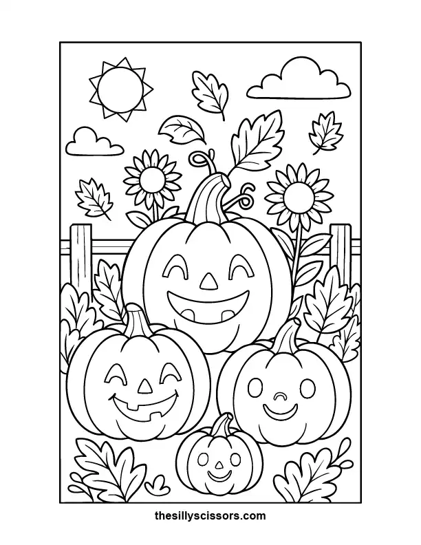 Cute Pumpkin Patch – Halloween Coloring Page (Printable PDF) Smiling pumpkins in a simple patch scene with stars—easy Halloween coloring page for kids.