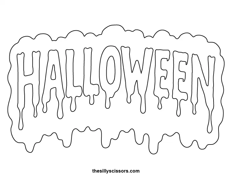 Dripping slime-style “Halloween” word art — bold spooky lettering coloring page for kids and adults.