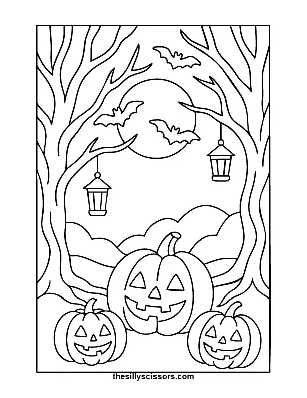 Enchanted Halloween Forest – Halloween Coloring Page (Printable PDF) Lanterns hanging from gnarled trees, pumpkins on the forest floor, and bats flying across a full moon.