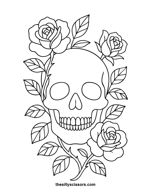 Floral Skull Bouquet – Halloween Coloring Page (Printable PDF) A bouquet of flowers blooming around a gothic skull—intricate Halloween coloring design.
