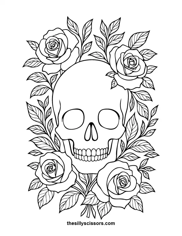 Floral Skull – Halloween Coloring Page (Printable PDF) Decorative skull surrounded by flowers—detailed Halloween coloring page for adults.