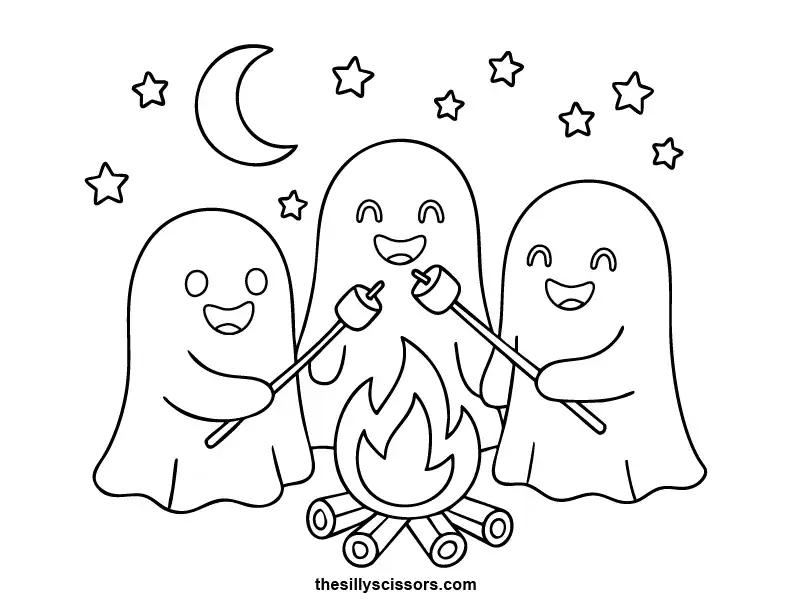 Friendly Ghosts – Halloween Coloring Page (Printable PDF) Three cheerful ghosts floating with stars—cute and not scary, great for younger colorists.