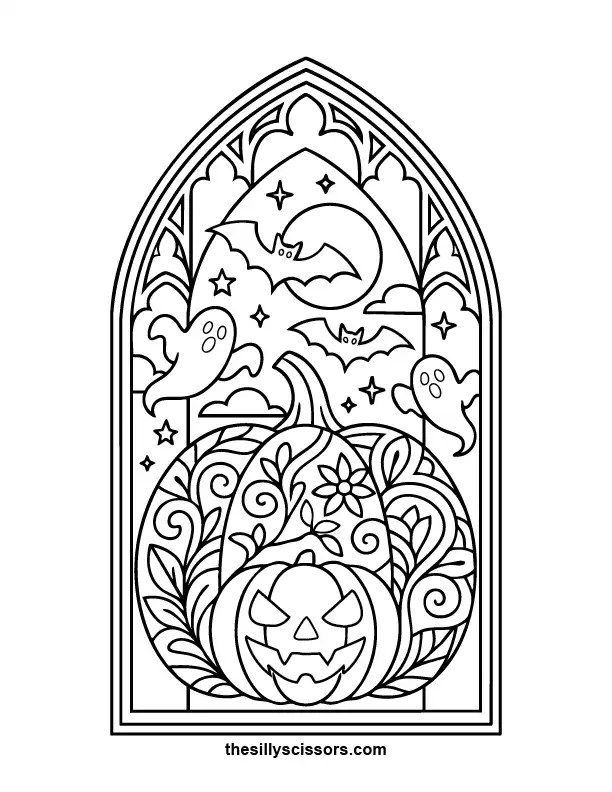 Gothic Cathedral Window – Halloween Coloring Page (Printable PDF) Intricate gothic cathedral window filled with pumpkins and stars—beautiful detailed coloring page.