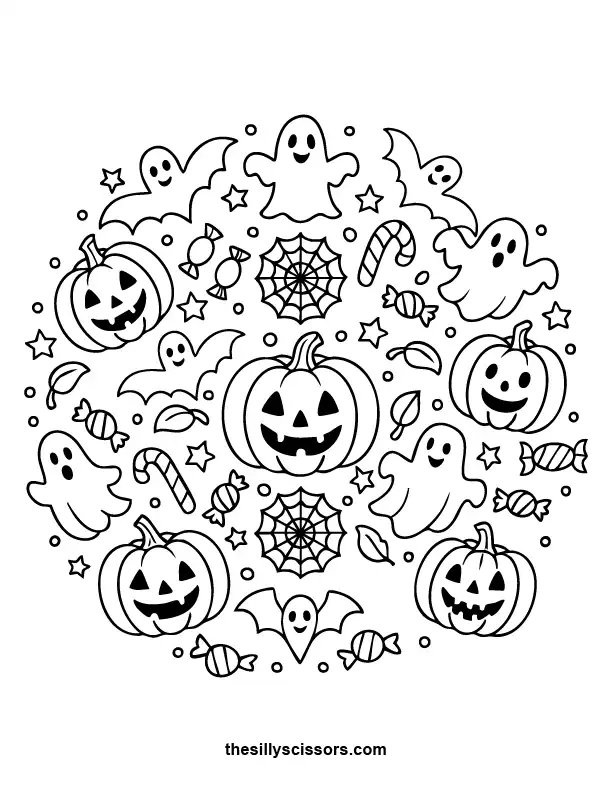 Halloween Mandala – Halloween Coloring Page (Printable PDF) A detailed mandala filled with bats, moons, and candy shapes—perfect for relaxing Halloween coloring.