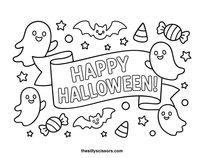 Happy Halloween Banner – Halloween Coloring Page (Printable PDF) Decorative 'Happy Halloween' banner surrounded by stars and candy corn—great for party decor.