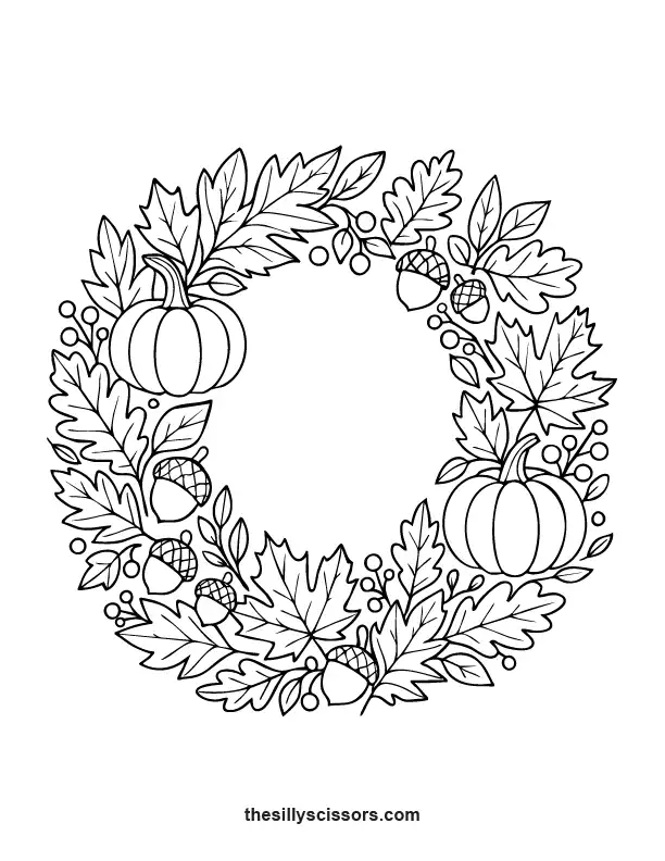 Autumn wreath of pumpkins, leaves, and acorns – intricate Thanksgiving coloring page.