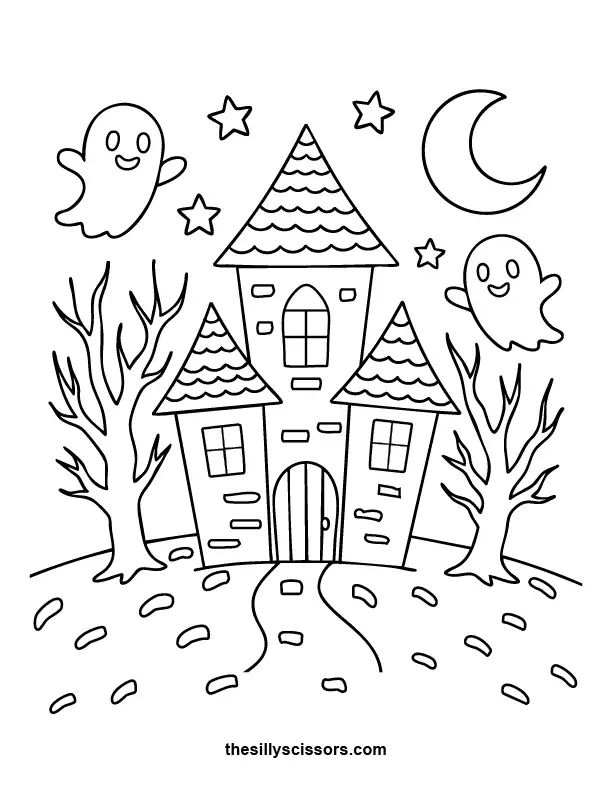 Haunted House Fun – Halloween Coloring Page (Printable PDF) A whimsical haunted house with friendly ghosts and glowing windows — fun Halloween printable for the whole family.