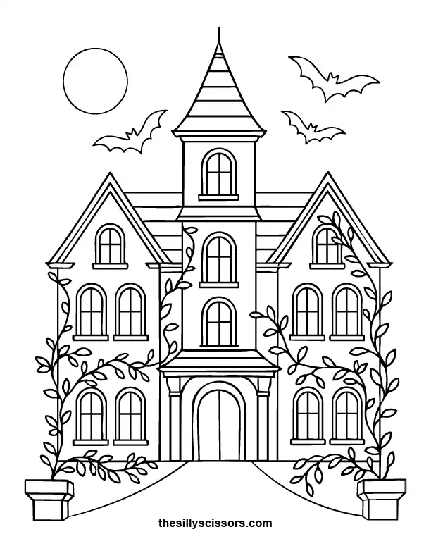 Haunted Mansion Scene – Halloween Coloring Page (Printable PDF) A detailed haunted mansion with gates and trees—perfect spooky coloring page for adults.