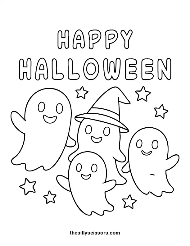 Kawaii Ghost Family – Halloween Coloring Page (Printable PDF) Adorable ghost family holding candy buckets — sweet Halloween coloring sheet in kawaii style.