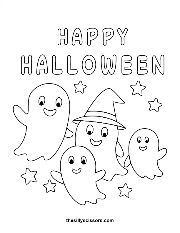 Adorable family of ghosts holding trick-or-treat buckets — sweet kawaii-style Halloween printable.