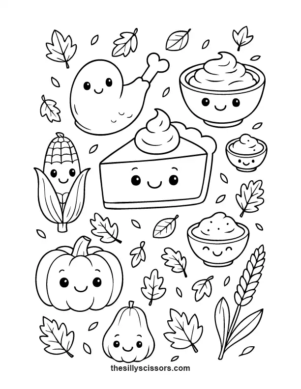 Cute Thanksgiving food doodles with smiling pie, pumpkin, corn, and turkey leg – kawaii coloring page.