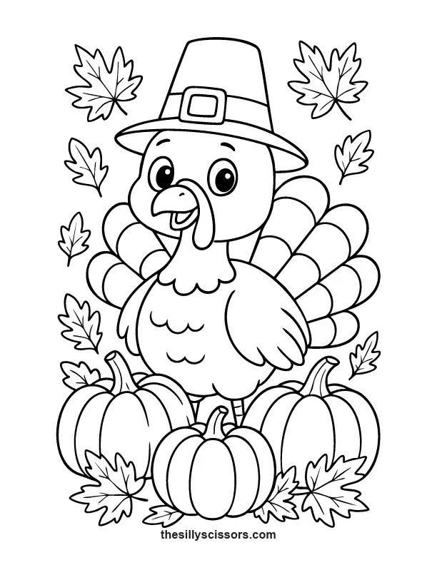 Cute kawaii turkey with pilgrim hat, pumpkins, and autumn leaves – Thanksgiving coloring page.