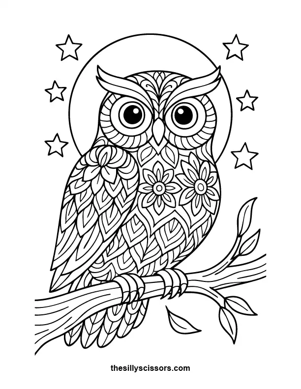 Midnight Owl and Moon – Halloween Coloring Page (Printable PDF) Owl perched on a tree branch under a full moon—elegant and peaceful Halloween coloring scene.