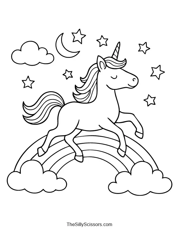Galloping unicorn under moonlight and rainbow coloring page preview