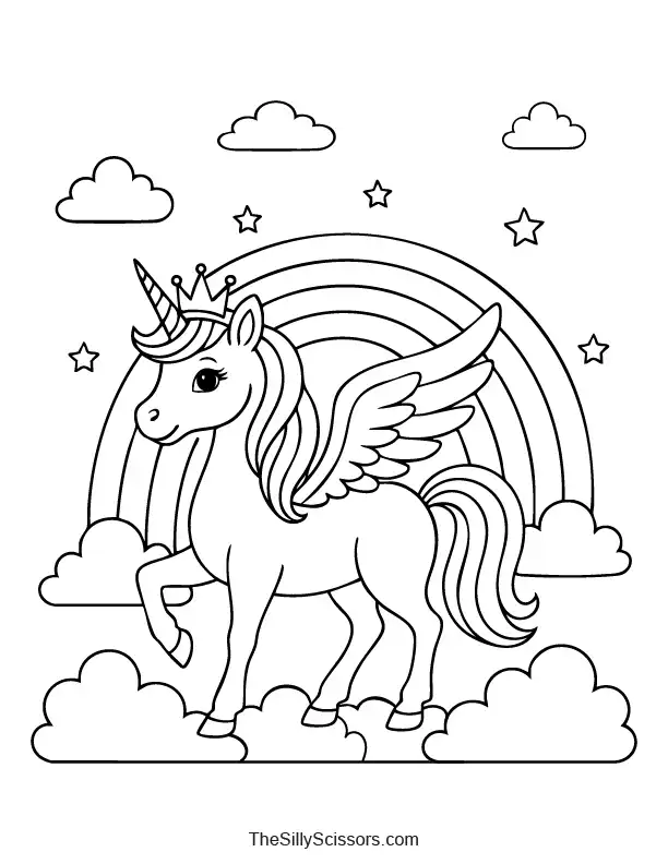Princess Pegasus unicorn with wings and crown coloring page preview