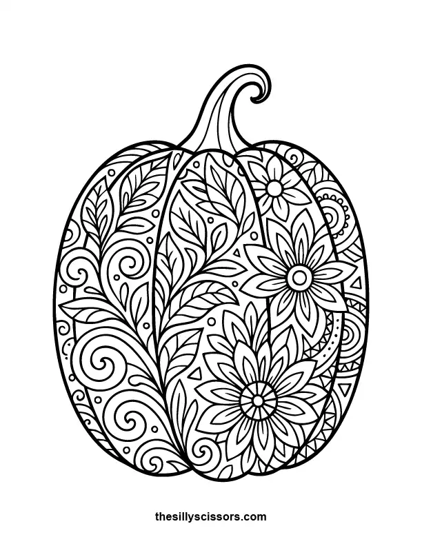 Pumpkin Patch Zentangle – Halloween Coloring Page (Printable PDF) Pumpkins decorated with zentangle and mandala-style patterns—great relaxing coloring page for adults.