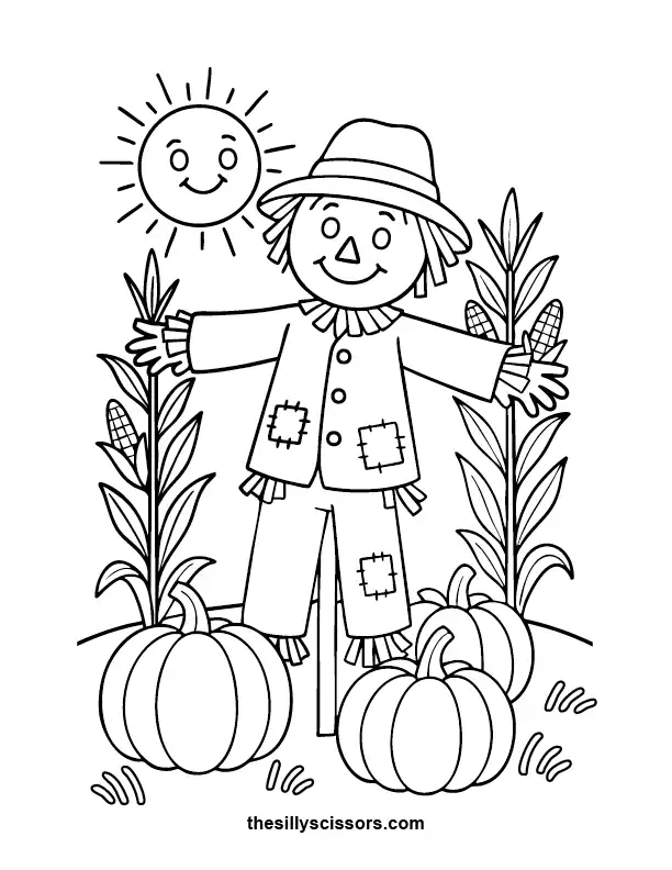 Scarecrow in Pumpkin Patch – Halloween Coloring Page (Printable PDF) Smiling scarecrow surrounded by pumpkins and fall leaves—fun harvest coloring printable.