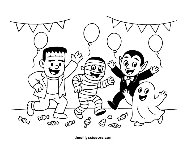 Silly Monster Party – Halloween Coloring Page (Printable PDF) Goofy monsters dancing with balloons and candy — a cheerful Halloween coloring page for kids.