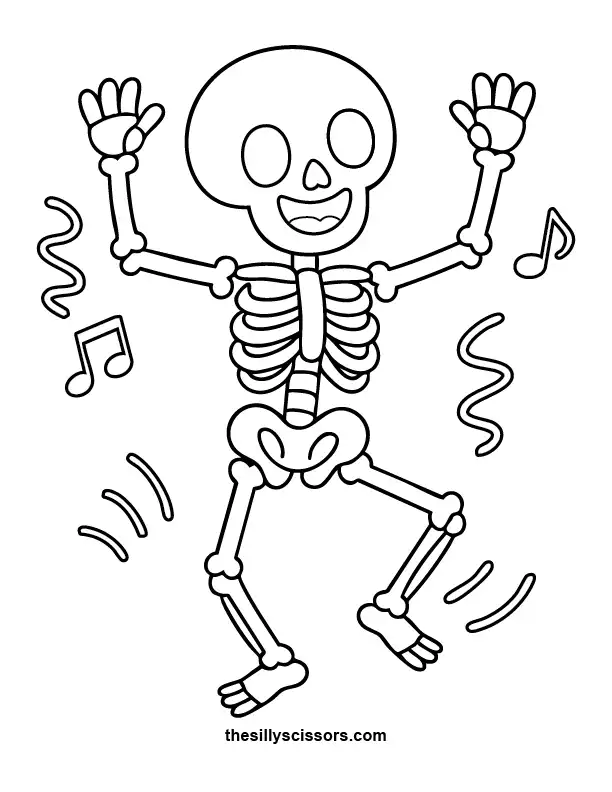 Silly Skeleton Dance – Halloween Coloring Page (Printable PDF) Happy skeletons dancing under the moon—fun Halloween coloring page for kids and adults.