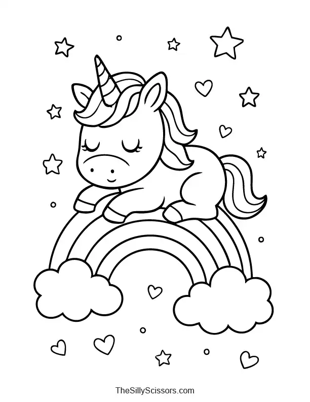 Sleepy unicorn resting on a rainbow coloring page preview