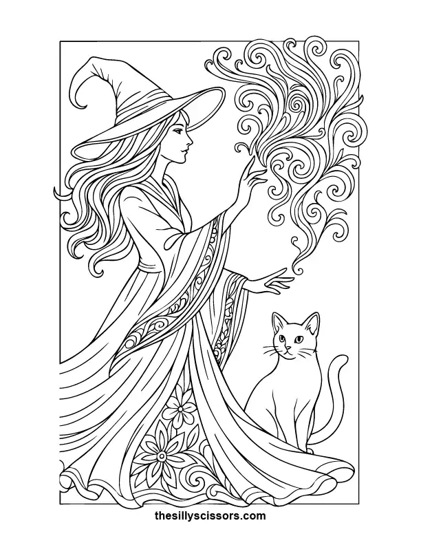 Spellbound Witch – Halloween Coloring Page (Printable PDF) Elegant witch casting a spell with swirling magical energy—great Halloween printable for older kids and adults.