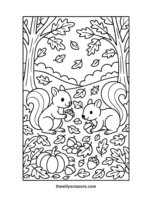 Two squirrels gathering acorns under trees with pumpkins and autumn leaves – woodland Thanksgiving page.