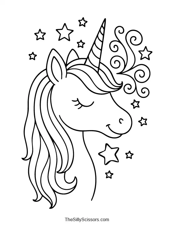 Cute unicorn surrounded by stars coloring page preview