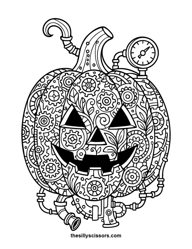 Steampunk Jack-O’-Lantern – Halloween Coloring Page (Printable PDF) Mechanical pumpkin design with gears and pipes—unique steampunk Halloween coloring page.