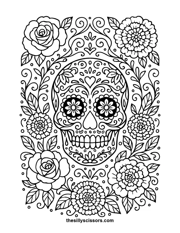 Sugar Skull Celebration – Halloween Coloring Page (Printable PDF) Day of the Dead-inspired sugar skull design with intricate floral and swirl patterns.