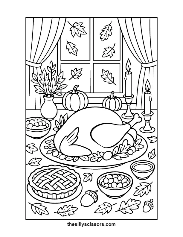 Thanksgiving dinner table with turkey, pie, and candles – cozy holiday feast coloring page.