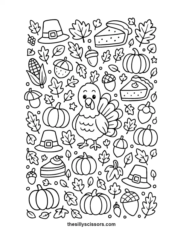 Thanksgiving doodle collage with turkeys, pies, leaves, and pumpkins – festive holiday coloring page.