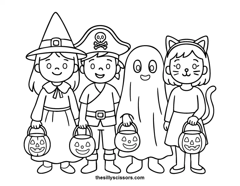 Trick-or-Treat Friends – Halloween Coloring Page (Printable PDF) Kids in cute costumes holding candy bags—friendly trick-or-treat scene to color.