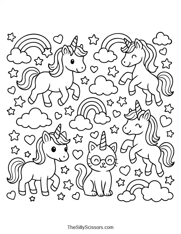 Unicorn doodle pattern coloring page preview