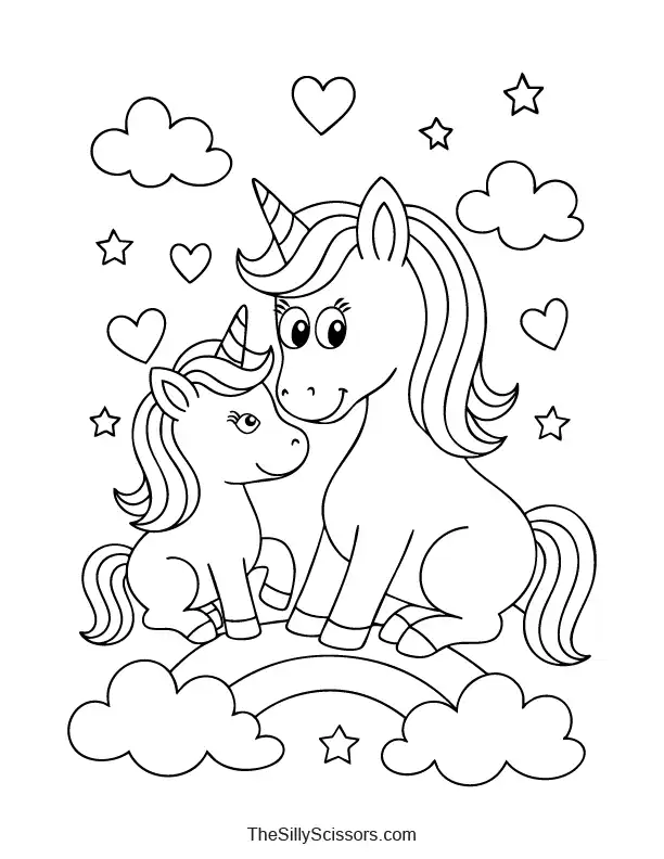 Unicorn mother and baby coloring page preview