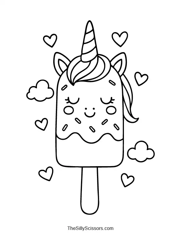 Cute unicorn popsicle coloring page preview