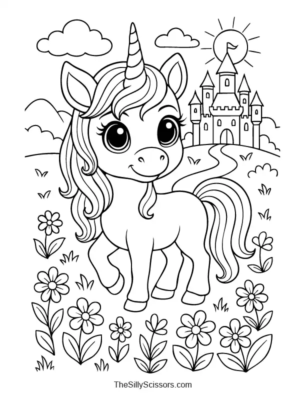Cute unicorn with flowers and a fairytale castle in the background coloring page preview