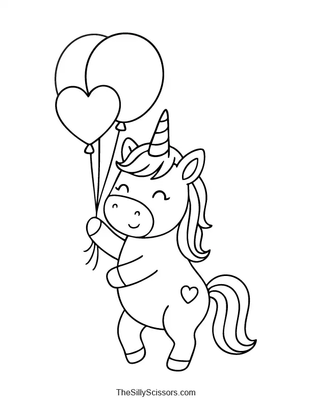 Unicorn holding a heart balloon and two round balloons coloring page preview